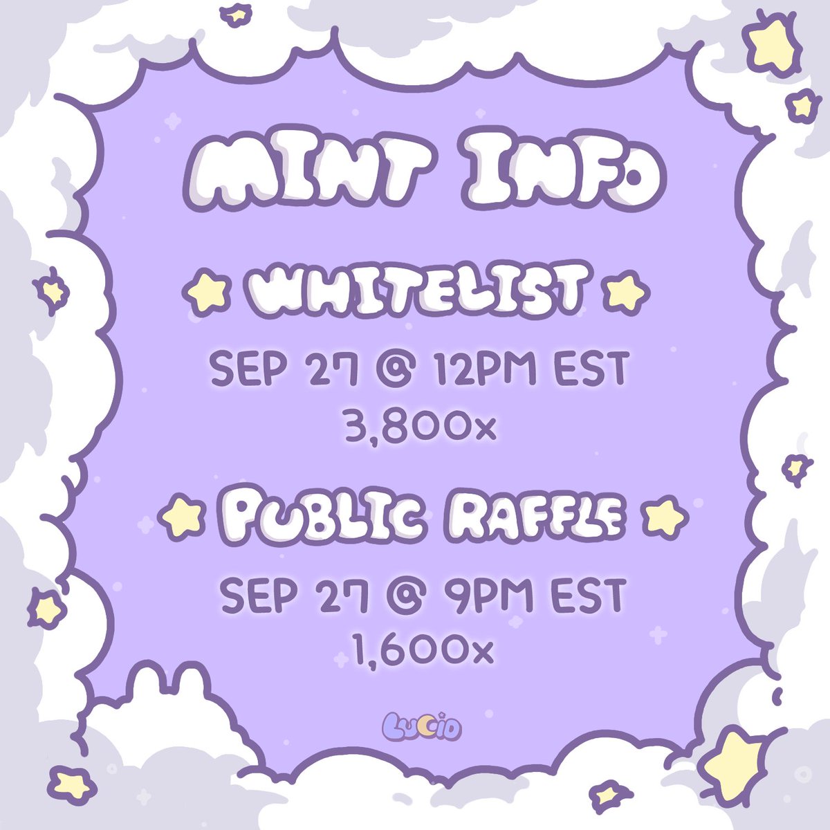 LucidNFT_'s tweet image. 🔥 MINT DETAILS 🔥 

🗓️ Date: September 27th, 12PM EST
⚪️ Whitelist Supply: 3,800x
🔵 Public Supply: 1,600x

Discord: discord.gg/lucidnft
Raffle: premint.xyz/lucid

Like, RT and comment to be on the WL