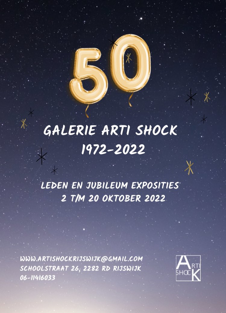Op zondag 2 oktober is de feestelijke opening van de expositie  'Arti Shock 50 jaar’ en de jaarlijkse ledententoonstelling. Aanvang om 15.00 uur op het plein voor het museum Rijswijk. 
Van harte welkom!