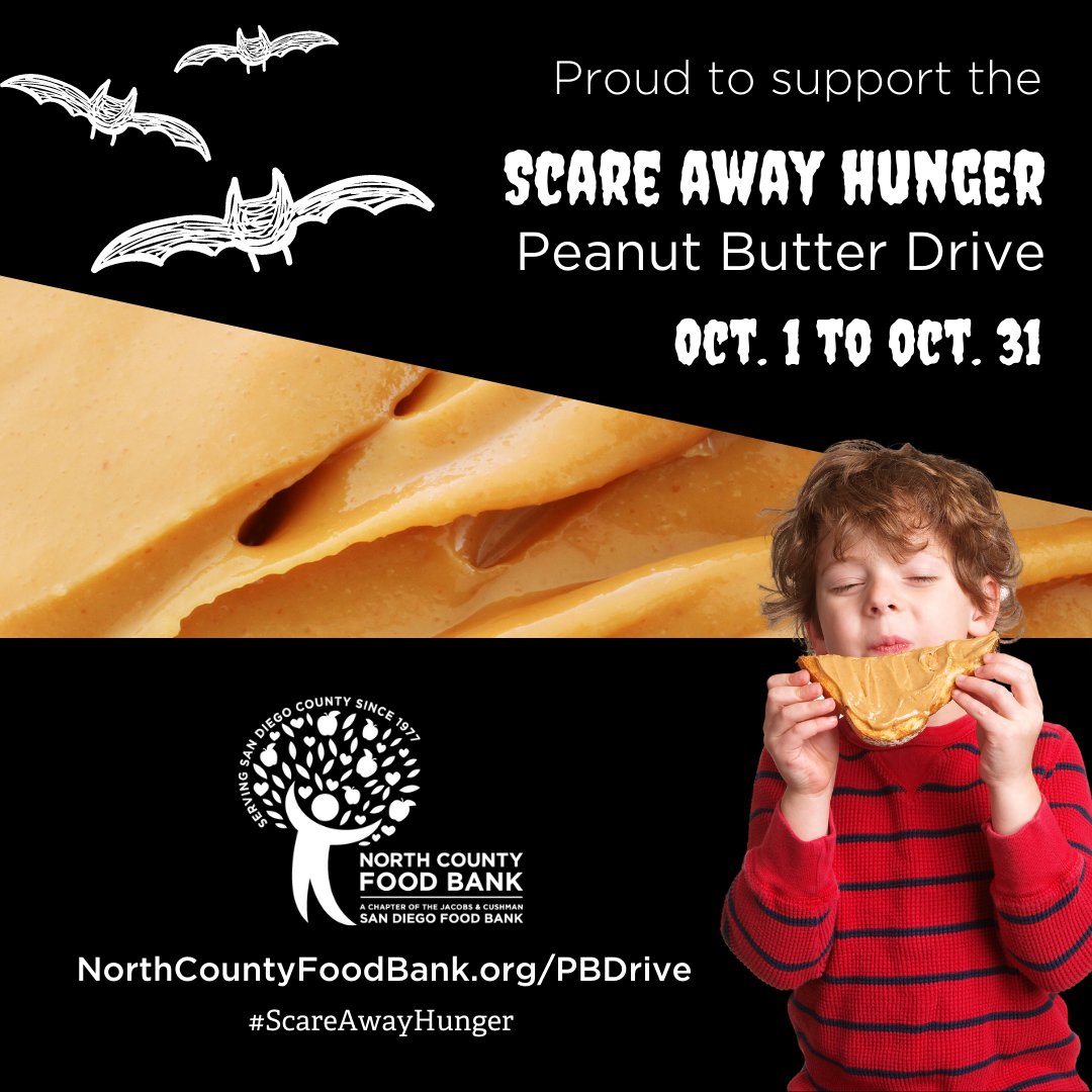 NorthCountyFB's tweet photo. The Scare Away Hunger Peanut Butter Drive is one week away! Support North County children and families in need by donating unopened jars of peanut butter during the month of October! π¦ π #ScareAwayHunger #PBDrive #NorthCountyFoodBank https://t.co/UaheuBQ0vm https://t.co/mbh2bPhb6T