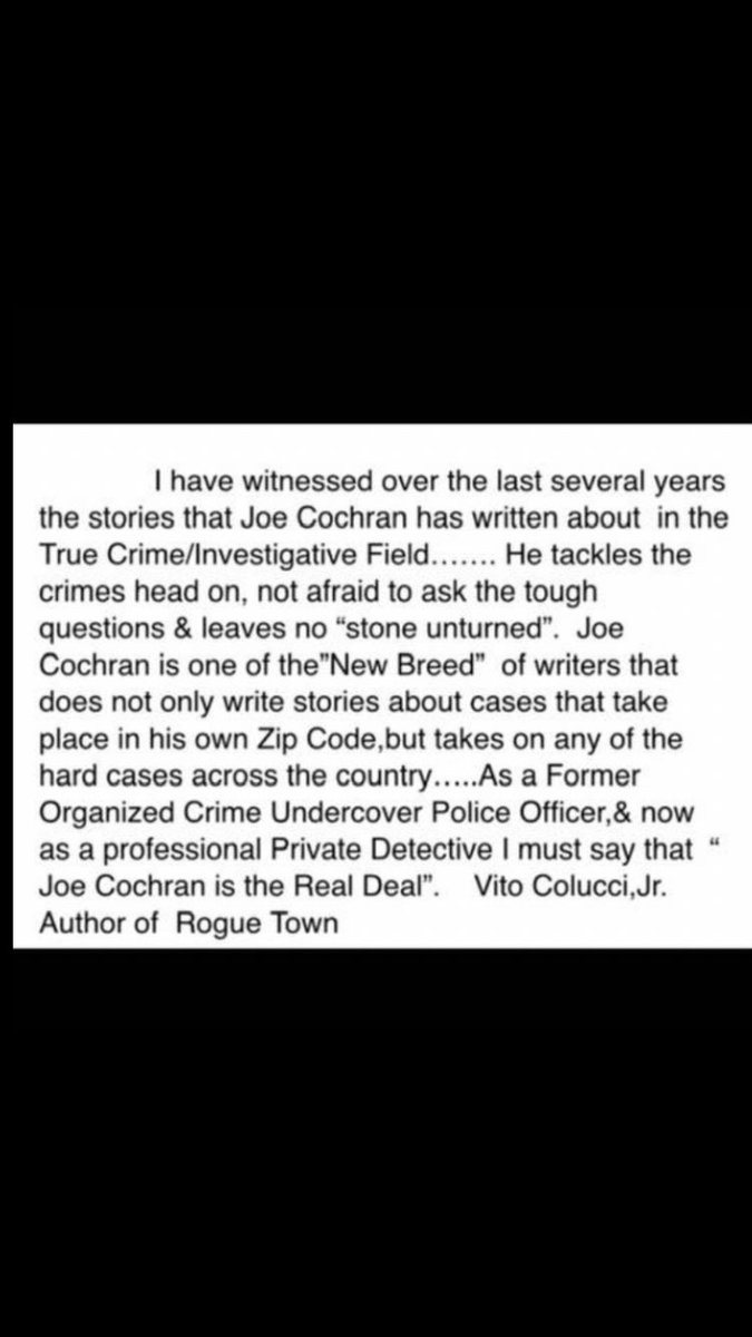 joemcochran's tweet photo. #joeonthego Some very kind and awesome words from my cowriter and top private investigator Vito Colucci Junior. I really appreciate it. https://t.co/OHs38tK8Cr