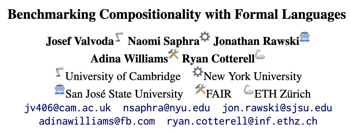 Josef Valvoda (@valvodajosef) on Twitter photo To what extent do neural networks learn compositional behaviour? Together with <a href="/nsaphra/">Naomi Saphra</a>, Jon Rawski, @ryandcotterell and <a href="/adinamwilliams/">Adina Williams</a> we take a lesson from formal language theory to answer this question.
arxiv.org/abs/2208.08195 To what extent do neural networks learn compositional behaviour? Together with <a href="/nsaphra/">Naomi Saphra</a>, Jon Rawski, @ryandcotterell and <a href="/adinamwilliams/">Adina Williams</a> we take a lesson from formal language theory to answer this question.
arxiv.org/abs/2208.08195