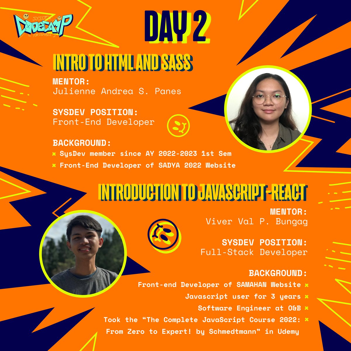 SAMAHANSysDev's tweet photo. MEET THE SYSDEV MENTORS!

Our super talented and amazing mentors have a LOT to offer in their area of expertise. We hand-picked these SysDev members because they have excelled in recent web development projects of the organization.

Take a look at their experiences below! https://t.co/5wrfawCY0d