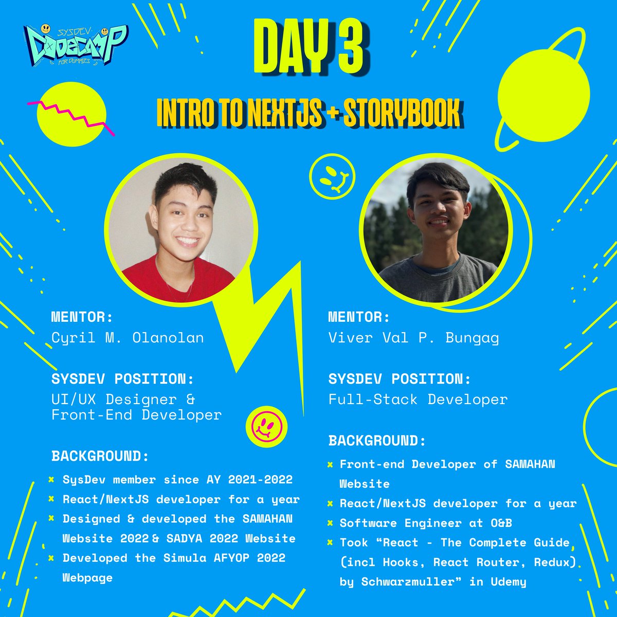 SAMAHANSysDev's tweet photo. MEET THE SYSDEV MENTORS!

Our super talented and amazing mentors have a LOT to offer in their area of expertise. We hand-picked these SysDev members because they have excelled in recent web development projects of the organization.

Take a look at their experiences below! https://t.co/5wrfawCY0d