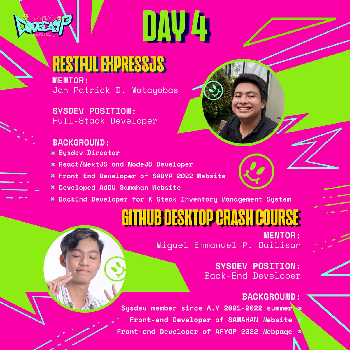 SAMAHANSysDev's tweet photo. MEET THE SYSDEV MENTORS!

Our super talented and amazing mentors have a LOT to offer in their area of expertise. We hand-picked these SysDev members because they have excelled in recent web development projects of the organization.

Take a look at their experiences below! https://t.co/5wrfawCY0d
