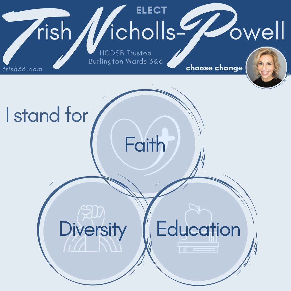 TrishNP36's tweet image. Our students deserve the best possible school experience. Our staff deserve our support. My priorities of faith, diversity, and education will help HCDSB achieve success. 

On Oct24, vote Trish Nicholls-Powell for #HCDSB Trustee. 

For voter info, visit myvote.burlington.ca.
