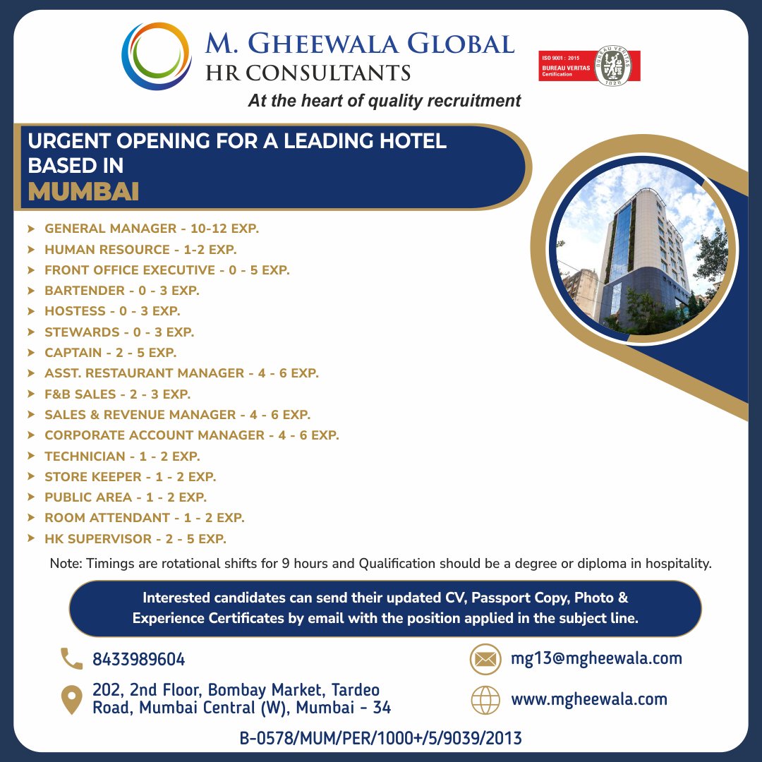 mgheewala_hrc's tweet photo. Job Vacancies for #Mumbai

Interested Candidates can send the updated resume to mg13@mgheewala.com

Learn More https://t.co/Ps4bxvjpD1

#generalmanager #humanresource #executive #frontofficeexecutive #bartenders #hostess #stewards #captain #restaurantmanager #salesmanager https://t.co/bW0Bilfgz2
