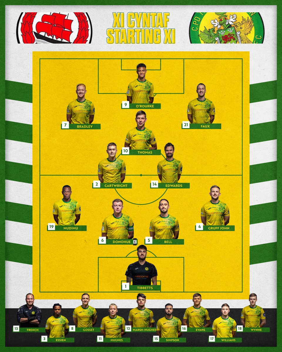 CaernarfonTown's tweet photo. Tîm i gychwyn y gêm yn erbyn @ClydeFC 
Starting lineup vs @ClydeFC this afternoon.

🟡 #UnClwb #ClydeCaernarfon #SPFLTrustTrophy 🟢 https://t.co/XmYgpG9WIj