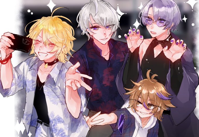 名古屋遠征のしおりの表紙用に描いた刀らぶ徳美組(南泉くん、長義くん、後藤くん、雨さん)だよ 