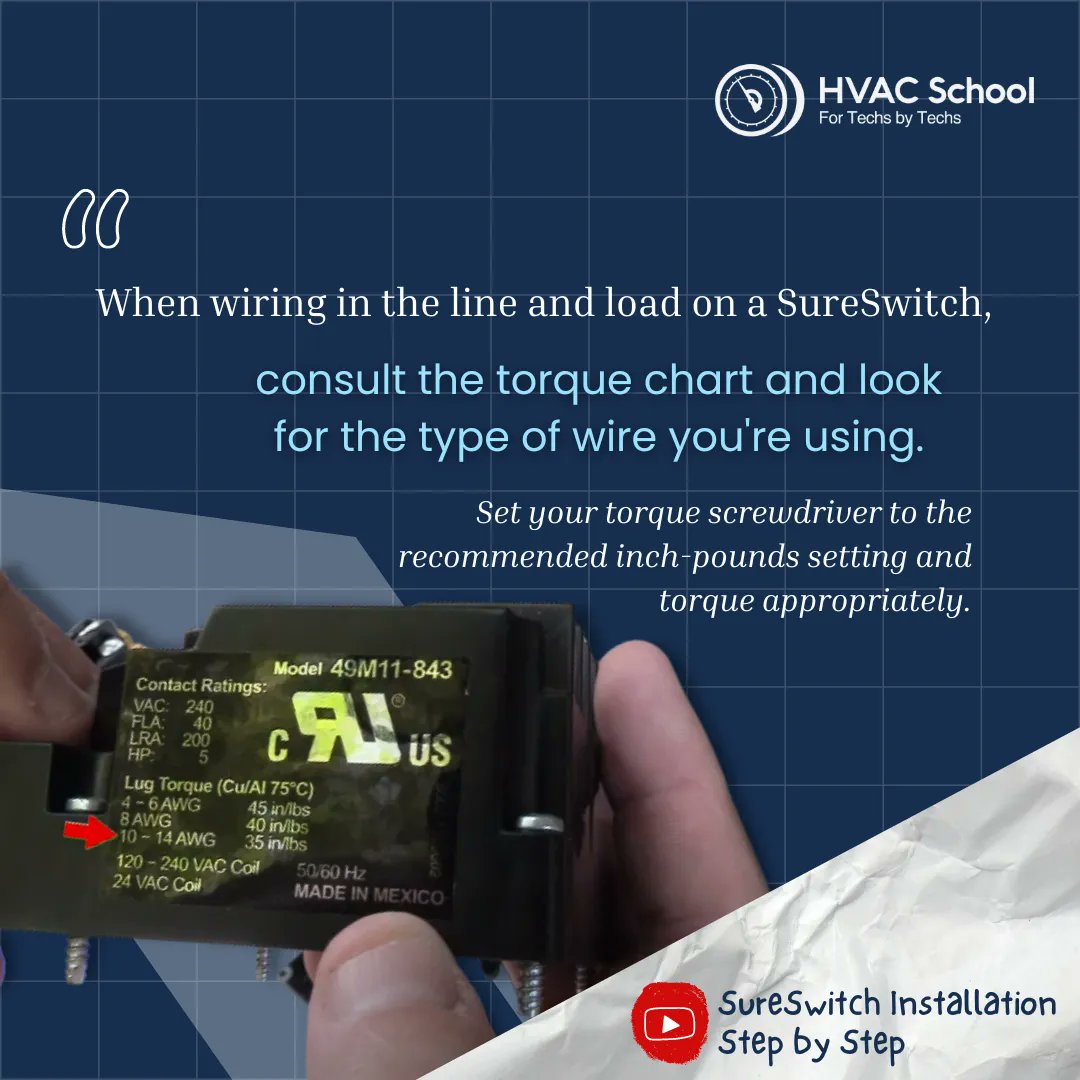 HVACRSchool's tweet photo. When you use a SureSwitch in place of an OEM contactor, the torque specs are available right on the contactor. Once you pick the right wire size for your particular application, the SureSwitch will make it easy to pick your torque settings.
#hvac #sureswitch #emerson #torque https://t.co/onkeMRz9tz