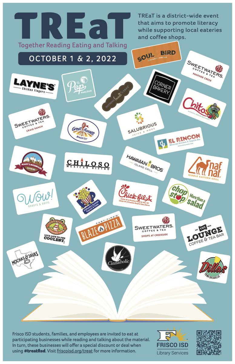 Frisco ISD families are invited to participate in TREaT October 1 and 2! The District-wide event aims to promote literacy while supporting local eateries and coffee shops. Visit ow.ly/serQ50KQCN6 for more details! #treatfisd #FISDMadetoShine #ourFISDstory