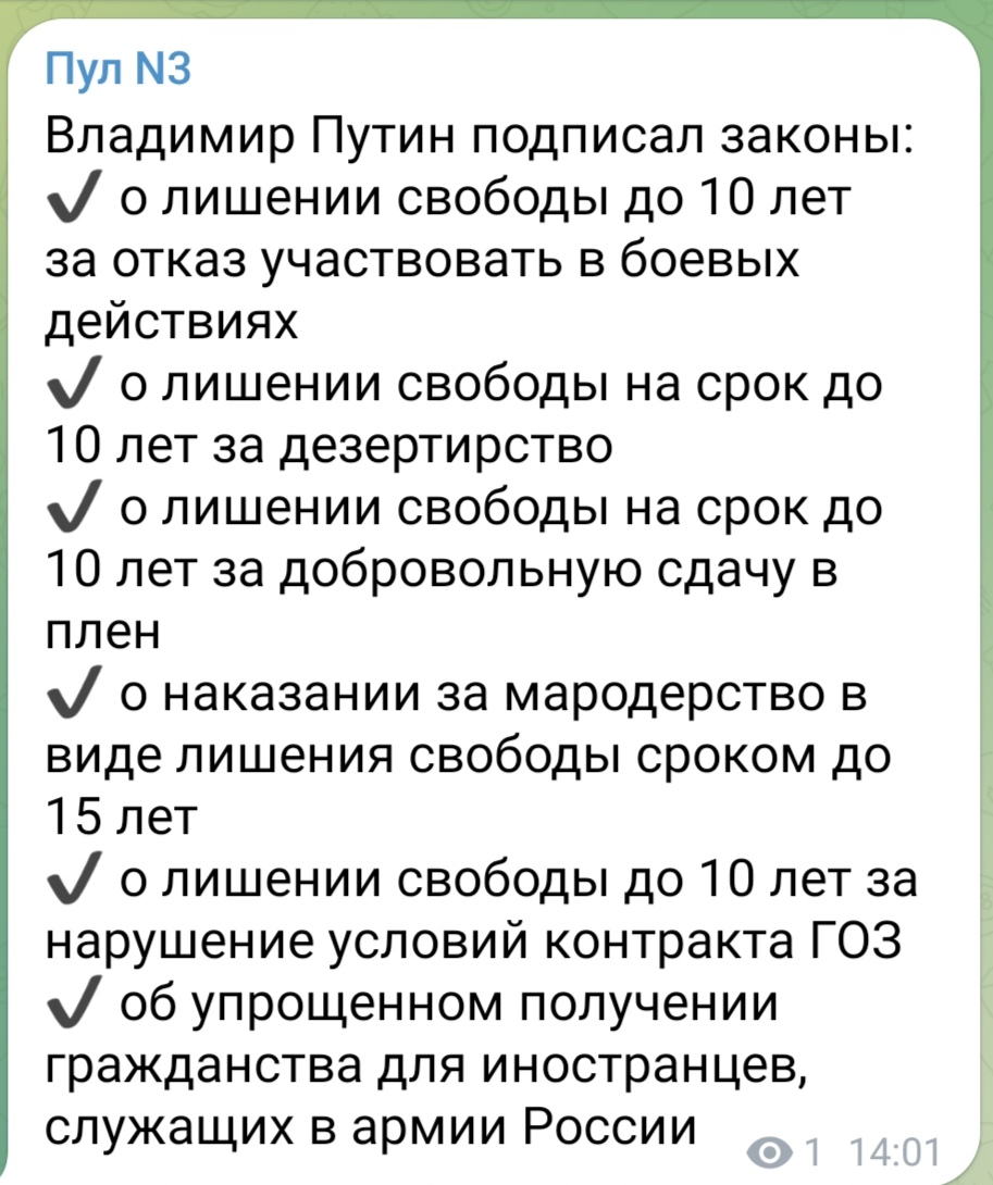 francis_scarr's tweet photo. Also just signed into law:

- Up to 10 yrs for refusing to fight
- Up to 10 yrs for desertion
- Up to 15 yrs for pillage
- Up to 10 yrs for failing to meet state defence order contracts https://t.co/f44ZbBMDWB