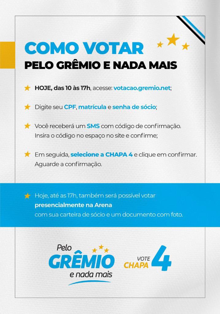 aquipelogremio's tweet photo. Está na dúvida ainda de como votar na CHAPA 4? 

Confira o passo a passo pra votar em quem está PELO GRÊMIO E NADA MAIS! 

#PeloGremioeNadaMais https://t.co/B653AwpA3m