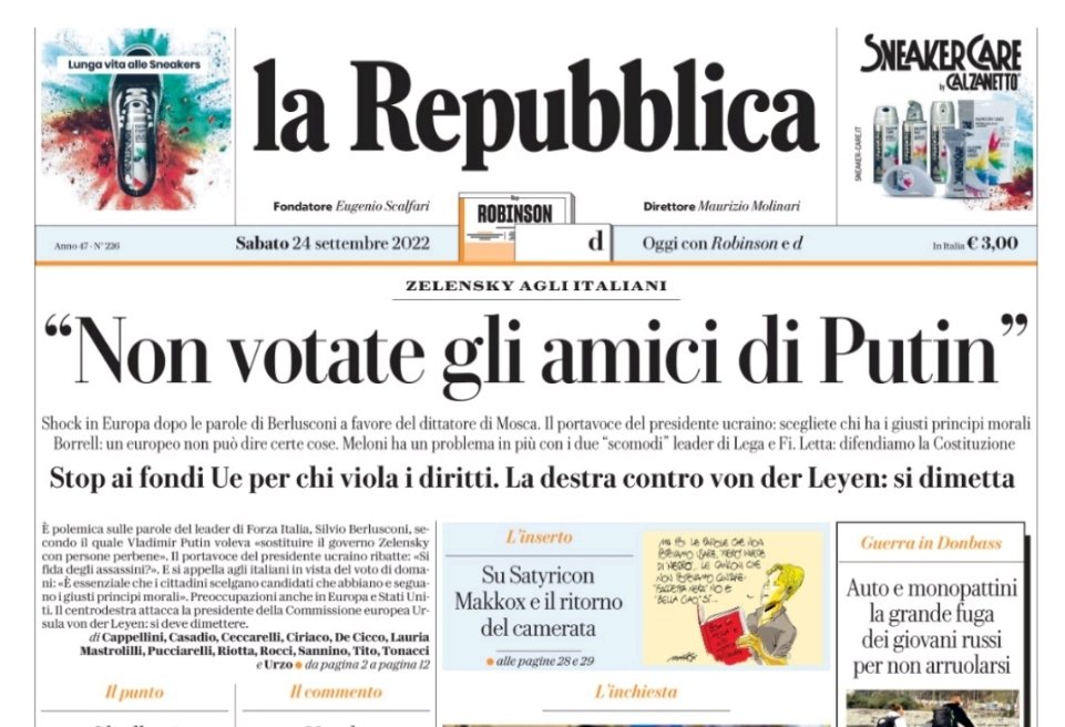 ClaudioBorghi's tweet photo. Mi ero perso la sobria prima pagina di Repubblica di oggi.
Mancava giusto @ZelenskyyUa a dirci come dobbiamo votare e mancava giusto @repubblica a fargli da megafono. https://t.co/08SQfrl9Lv