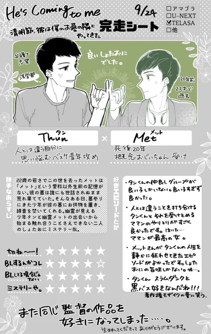完走シート③とな墓
メットさんに出会ってから今日に至るまで、タンくんは静かに人生狂わされていっていたんだな…と魔性の年上に出会ってしまった少年のしょたおにが楽しい。概念おじいちゃんはパソコンのキーボードを人差し指で叩きます。かわいい。 