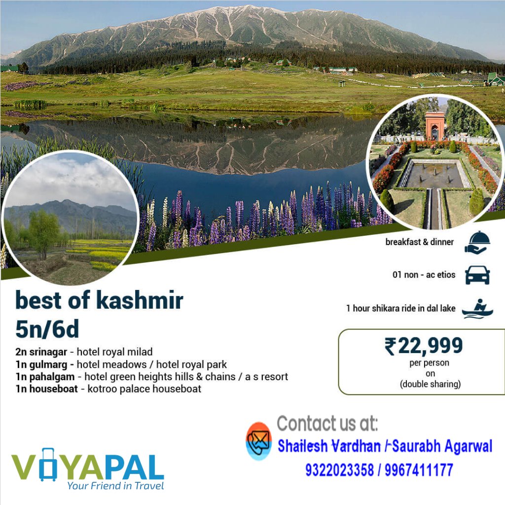 voyapal101's tweet photo. Book Enchanting Kashmir With VOYAPAL To Book Call Mr. Shailesh - 9322023358 Or Saurabh @ 99674111177

#kashmir #kashmirholiday #kashmirpackages #srinagar #gulmarg #sonmarg #pahalgam #tulipgarden #UnXkashmir #dallake #Kashmirtours #travel #shaileshvardhan @shaileshvardhan https://t.co/HFJKFNvgGw