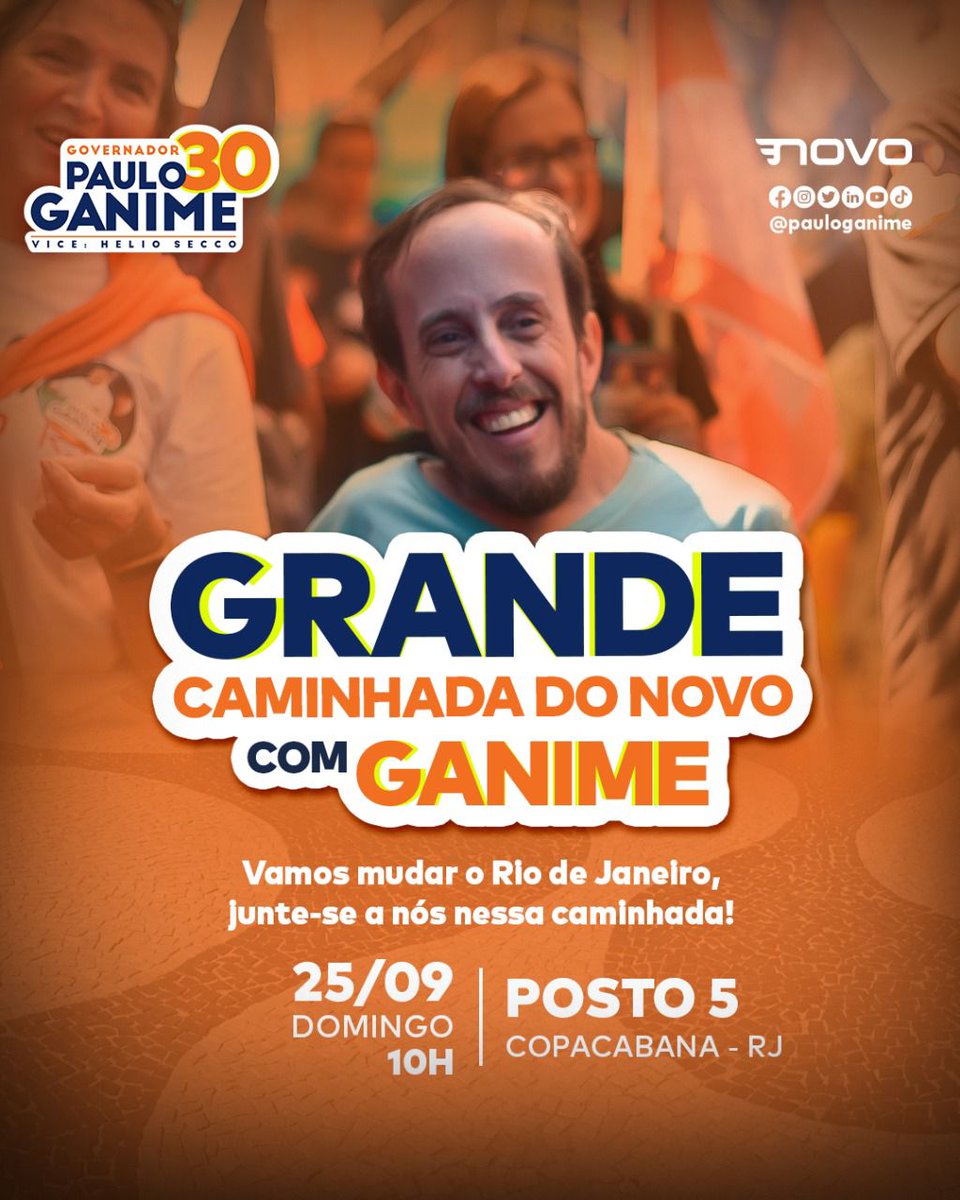pauloganime's tweet photo. Reta final da nossa campanha para mudar o Rio! 🤩

Chegou a hora de mostrar a força do nosso projeto com a Grande Caminhada do Novo com Ganime. 
Vamos tomar a orla de Copacabana! 🚀

Chama todo mundo! 📢
🗓️ Domingo, 25/09
⏰ 10h
📍 Orla de Copacabana, Posto 5

#voteGanime30 https://t.co/BkBHKpiJ0N