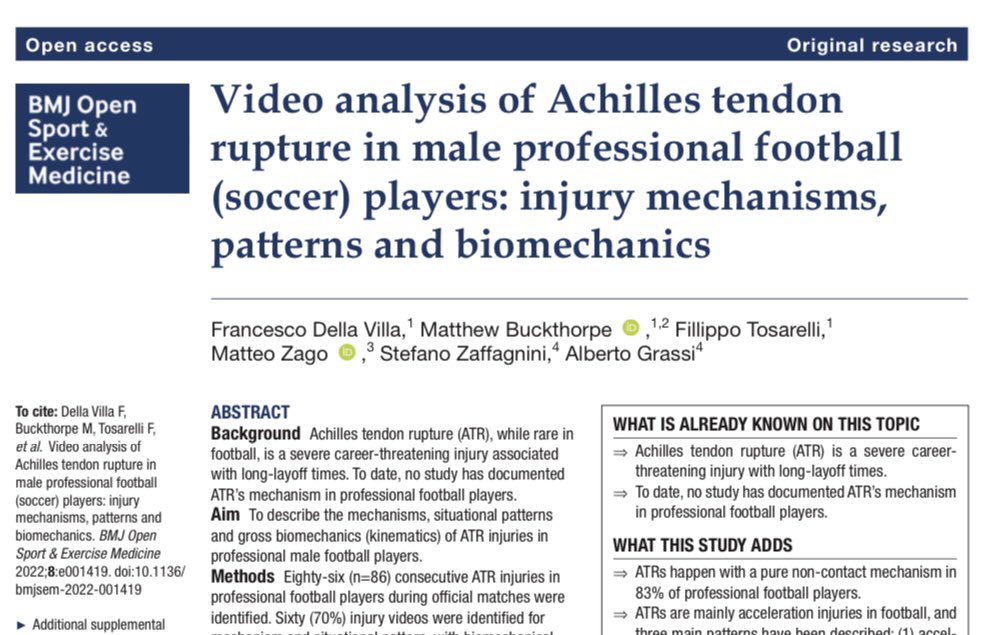 FDellaVilla's tweet photo. Our study on video analysis of Achilles Tendon Ruptures in football players is online @BMJOpenSEM 
- 60 injuries
- 83% pure non contact injuries
- Mostly accelerations injuries 
- 3 main patterns 
- Consistent biomechanics 

https://t.co/4YqvcNIYoJ

#achillestendon https://t.co/uvZImT9BxE