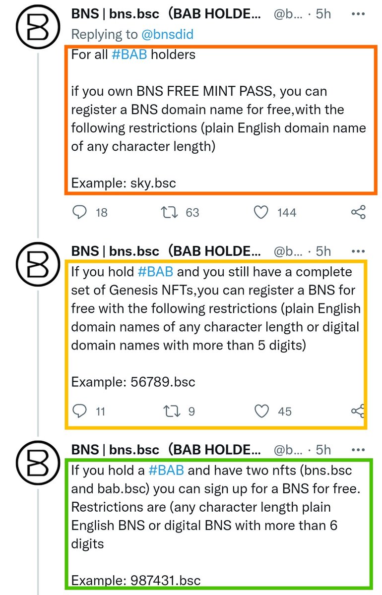 Share_Dr0ps's tweet photo. 🪂 Free BNS Domain Registration will open soon For BAB Holders 🥳

👉🏿 BNS will be open for registration within two weeks

👉🏿 Check All required NFTs for Domain mint 👇🏽
✅Like &amp; RT 
✅ Done ✅

#NFTs #BNS #freemintNFT #Jazdid #BABPASS #BABholder #Airdrop #Cryptocurency #BNB https://t.co/VKEopSxhKk