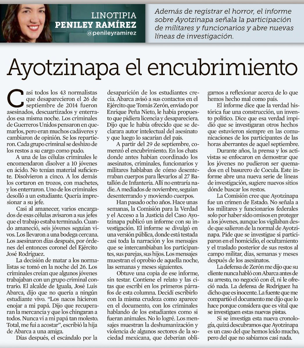 jrisco's tweet photo. Brutal la columna de hoy de @penileyramirez 

Sabemos tan poco de la desaparición de los 43.

[vía @Reforma] https://t.co/YK7gKomaH7