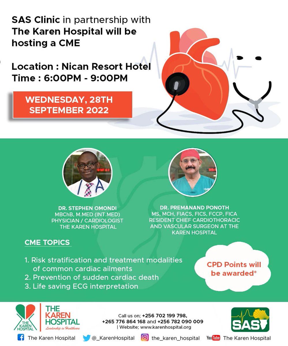 We invite all health workers to a CME Session at NICAN RESORT HOTEL 28th/Sept, led by our visiting Cardiologists from @_KarenHospital Nairobi, see you then #ExceptionalPeople #ExceptionalCare