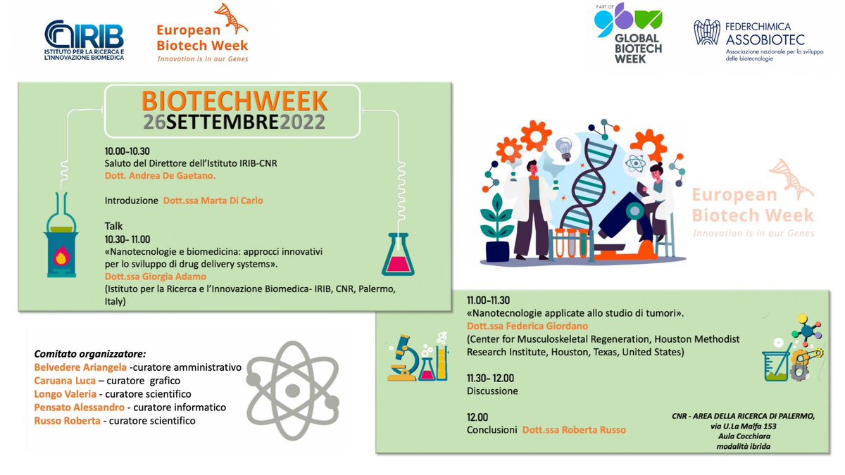 #EBW2022 #biotechweek @biotechweek 📌#26settembre a #Palermo #Cnr_Irib presenta 2 seminari sull'utilizzo delle #nanotecnologie in ambito biomedico, in particolare sulle nanoparticelle come sistema per veicolare farmaci applicato alla terapia dei tumori 👉cnr.it/it/evento/18159