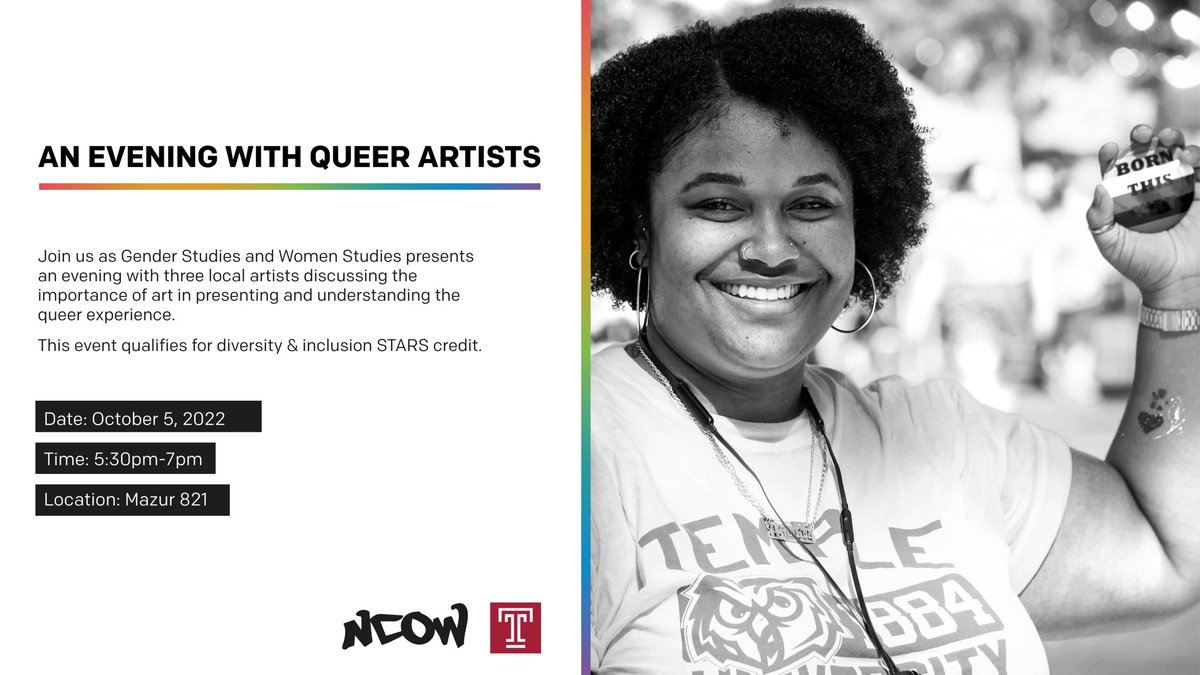 templediversity's tweet photo. Join us for an enriching night of art, dialogue and understanding as a few queer artists discuss the significance of art in the LGBTQIA+ community. Presented by @templegsws 🏳️🌈🏳️⚧️ #templediversity https://t.co/vzqd3eWl30
