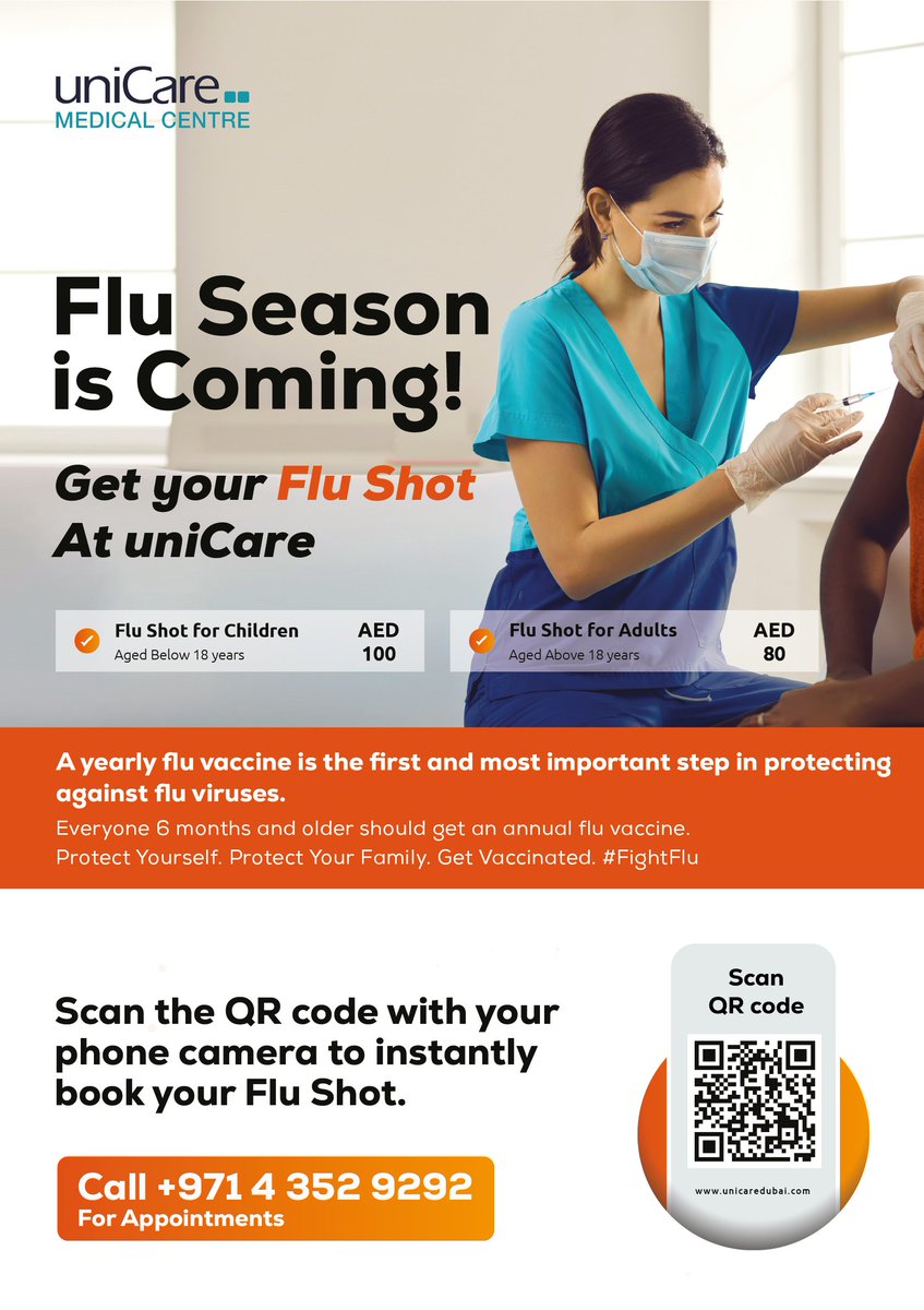 uniCaredubai's tweet photo. Get your Flu Vaccine now at all our Locations!

Call 04 352 9292 for appointments! https://t.co/kuyYuMPwO9