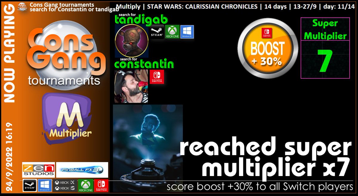cons_gang's tweet photo. β MULTIPLIER | STAR WARS: CALRISSIAN CHRONICLES | 13-27/9 | day 11/14
CONS GANG |
search for Constantin ( #NintendoSwitch ) or
tandigab ( #Steam #Xbox #PlayStation #Windows )
#ConsGang #Multiplier #PinballFX3
www: https://t.co/hNDCnDwcDi
discord: https://t.co/WD3MhKC8bh https://t.co/CRVRUDh5ej