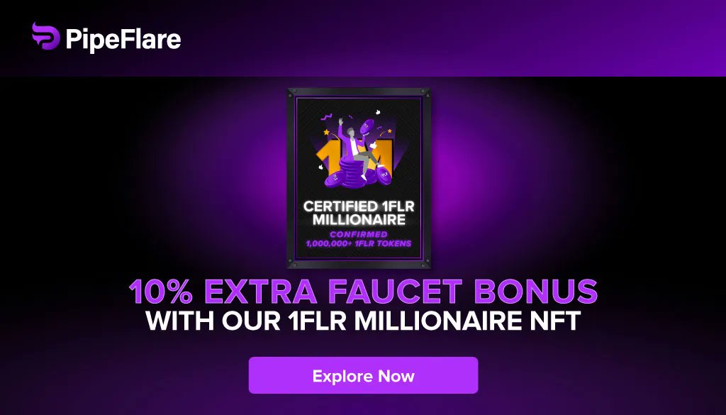 PipeFlare's tweet photo. Become A 1FLR Millionaire To Receive A Unique #NFT And An Extra 10% On Faucet Claims. 🤑 Explore Now. 👉 https://t.co/pSyiIZtHHx

Ways To Get 1FLR Tokens:
🤑Claim From The Faucet
💰Enroll In Airdrops
🎮Play Games
🪙Get Referral, Supporter, and Staking Rewards

#cryptomillionaire https://t.co/doBg8dsB2E