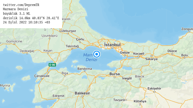 Marmara Denizi
büyüklük 3.1 ML (15 dk önce)
derinlik 14.0km 40.83°N 28.41°E
24 Eylül 2022 16:10:35 +03
#deprem