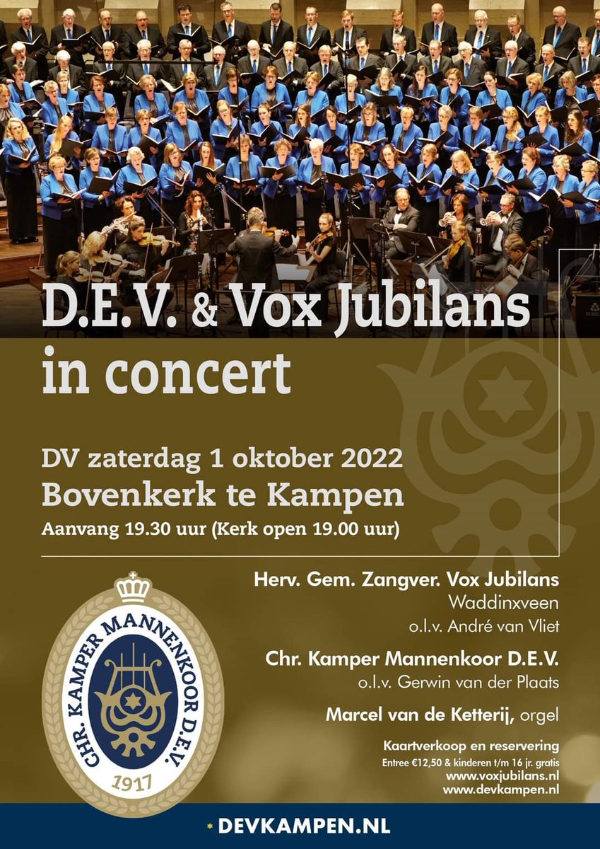 VoxJubilans's tweet photo. Op D.V. zaterdag 1 oktober in de Bovenkerk in Kampen. Aanvang concert 19.30 uur. Hartelijk welkom! Kaarten verkrijgbaar via https://t.co/uv0N0ZmdVT
#voxjubilans #devkampen #concert #bovenkerk #andrevanvliet #gerwinvanderplaats https://t.co/kMJpClVcUo