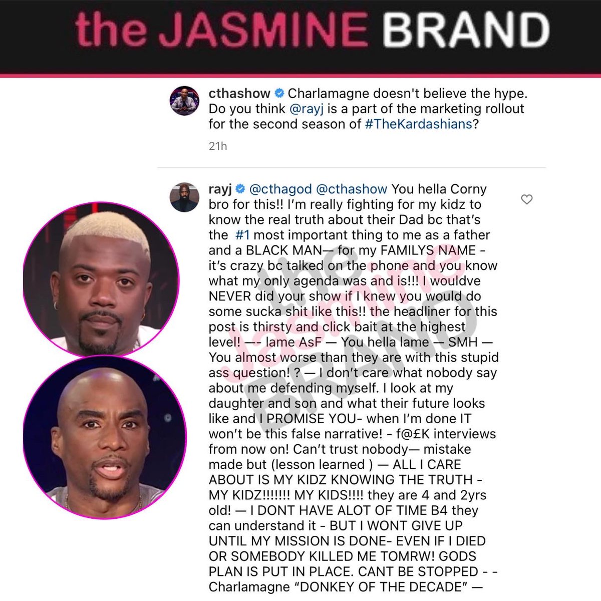 thejasminebrand's tweet photo. #RayJ is upset with #Charlamagne over the headline/caption used for his interview on #Helluvaweek. Calls it clickbait &amp; gives Charlamagne Donkey of the Decade. https://t.co/0QPBFYt5pf