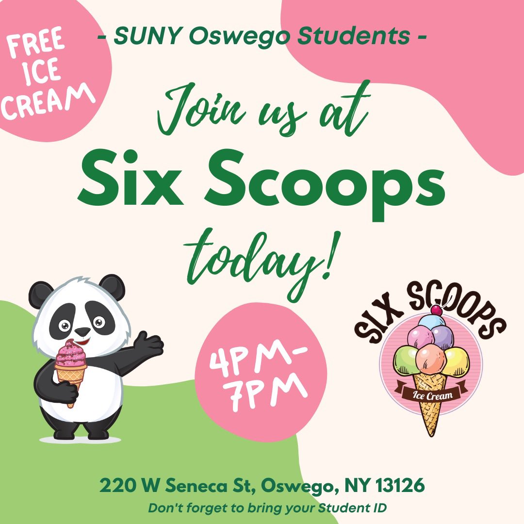 PLSOswego's tweet image. Hey SUNY Oswego students! Join us today for our FREE Ice Cream Social at Six Scoops from 4pm to 7pm. Don’t forget to bring your student ID🍦

#PLSOswego #OswegoNY #SUNYOswego #OswegoState #LiveTheSuiteLife