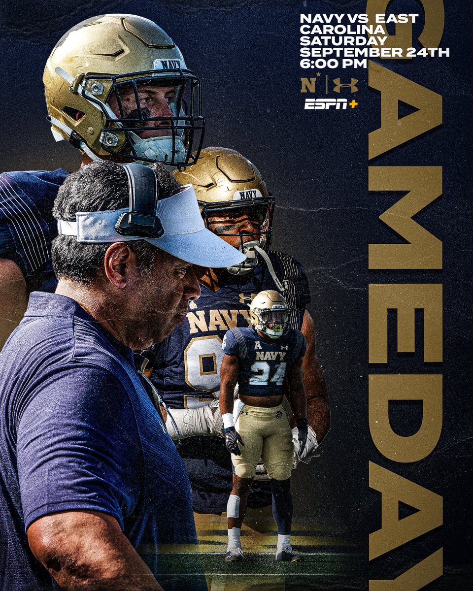 NavyFB's tweet photo. GAMEDAY

🆚: East Carolina
📅: Saturday, Sept. 24
⏰: 6:00 pm
📍: Dowdy-Ficklen Stadium, Greenville, N.C.
🖥: ESPN+
📻: Navy Radio Network https://t.co/827us76jTl