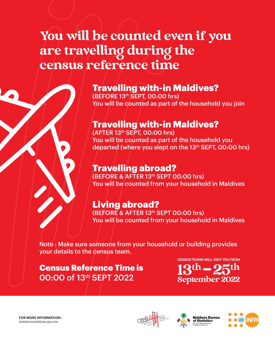 You will be counted even if you are travelling during the census reference time

Note: Make sure someone from your household or building provides your details to the census team.

Census is from 13th to 25th September 2022. 

#AharenVesBaiverivaanan #CountMeIn #Census2022mv