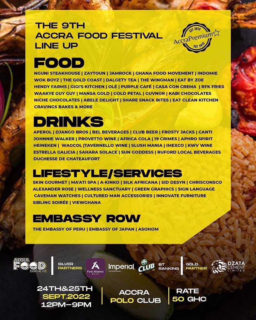 AccraPremium's tweet photo. TODAY IS THE DAY!

The #AccraFoodFestival is back! Enjoy from over 50 Food, Drink, Culture, &amp; Lifestyle Brands. 

SATURDAY 24 &amp; SUNDAY 25 SEPTEMBER
ACCRA POLO CLUB
🎟 50 GHS, children under 5 Free 

Gates Open at 12PM at the Accra Polo Club https://t.co/pwiSlThsXy