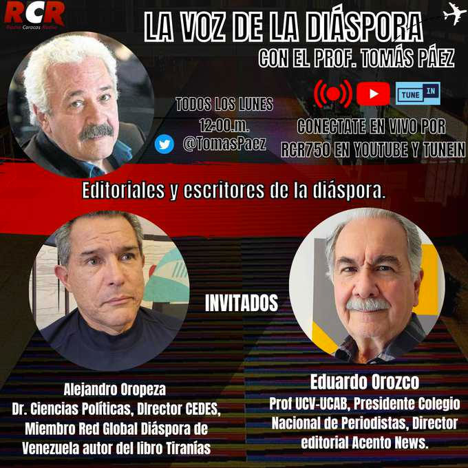 ObsArendt's tweet photo. Lunes 26-9-2022 a las 12 m, hora Vzla, con Eduardo Orozco, Pdte Colegio Periodistas, Director Acento News y Alejandro Oropeza, CEDES, Miembro Red Global, hablaremos de: "Editoriales y escritores de la Diáspora" en "La Voz de la Diáspora en https://t.co/2btQ9KvABC @vozdeladiaspor https://t.co/vgKpZcpccf