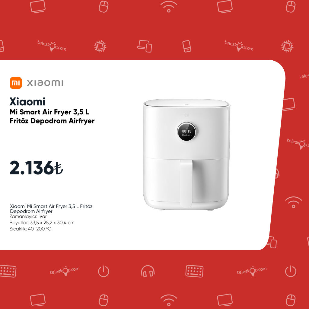 teleskopcom's tweet photo. Xiaomi Mi Smart Air Fryer 3,5 L Fritöz Depodrom Airfryer

Boyutlar: 33,5 x 25,2 x 30,4 cm
Sıcaklık: 40-200 ºC 
Zamanlayıcı var.
#xiaomi #airfryer #teleskopcom https://t.co/IX2YIsVLpA