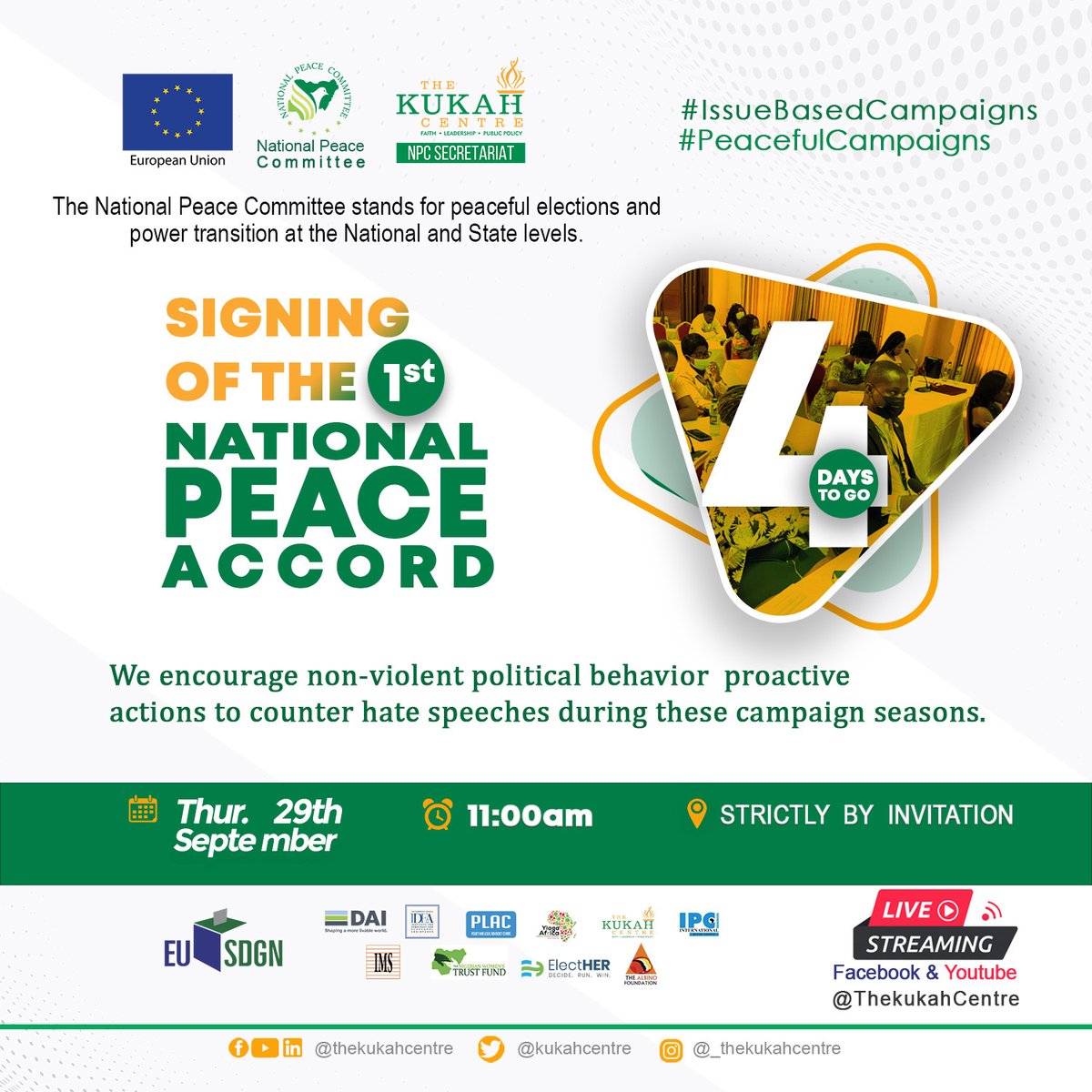 4 DAYS TO GO 

We encourage non-violent political behavior proactive action to counter hate speeches during these campaign seasons

First National Peace Accord by the Presidential candidates and Political Parties.

#IssueBasedCampaigns
#PeacefulCampaigns