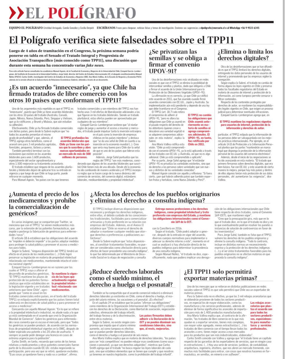“7 falsedades sobre el #TPP11”. Grupo de académicos respondimos uno a uno los mitos sobre el Acuerdo. Buen trabajo del Polígrago de @ElMercurio_cl