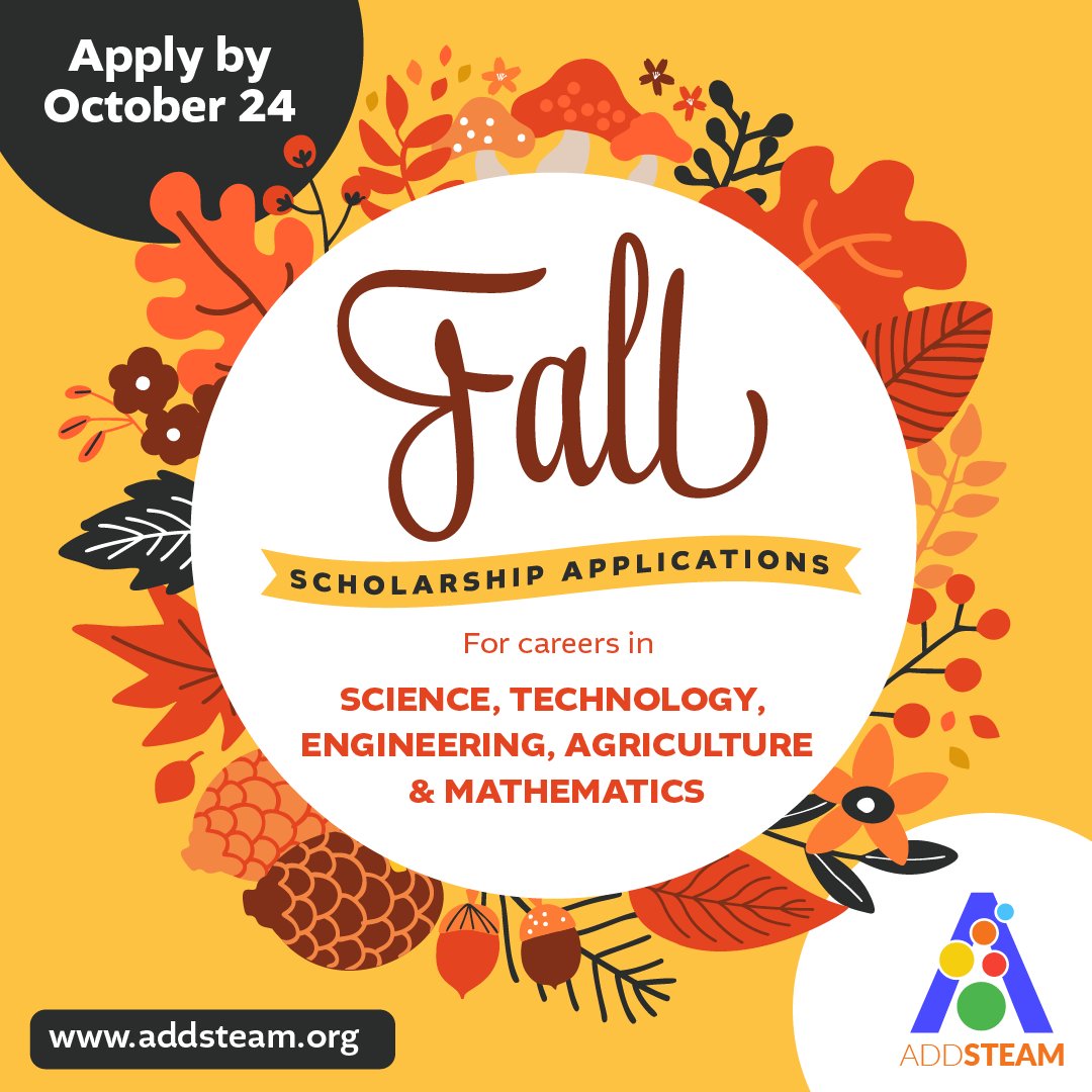 ADDSTEAMOrg's tweet photo. Are you about to graduate w/ a degree in STEM? Ready to transition to the professional world but need help? ADDSTEAM Fall Scholarships are now open and award $1000 towards the cost of job seeking expenses! Deadline is October 24th! Apply --> https://t.co/ZXrbMPW08y #STEMgrads https://t.co/jhC0JztR0o