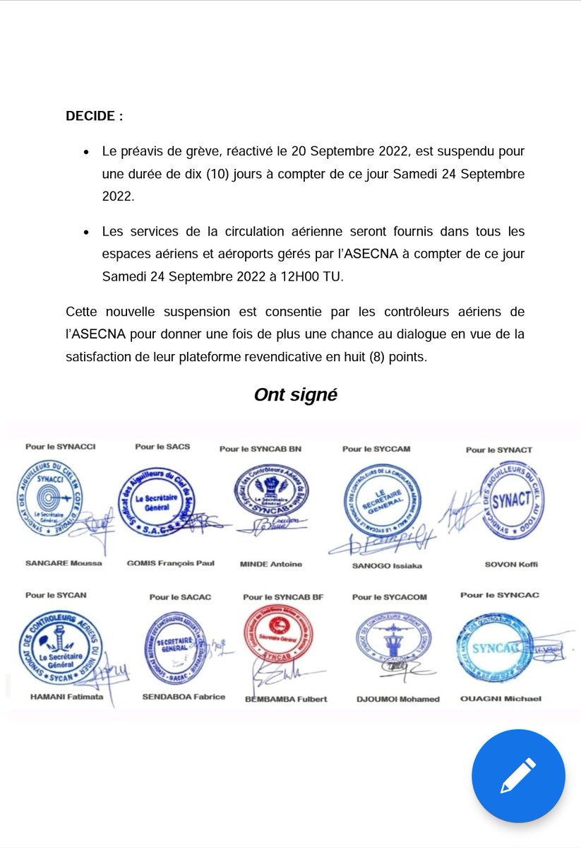 africatechie's tweet photo. The ASECNA air traffic controller strike, which started yesterday and has grounded flights to and from 17 African countries, has been suspended for 10 days. Flights to immediately resume. https://t.co/FcVWStSfRp