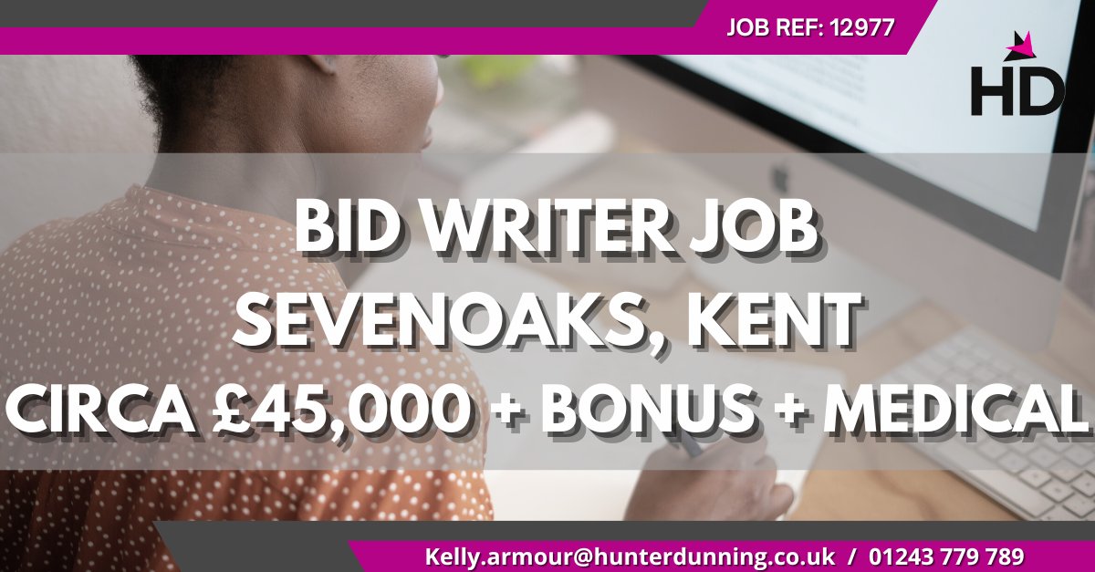 BID WRITER JOB offering Circa £45,000 + Bonus + Medical + 33 days holiday!

Apply below:
hunterdunning.co.uk/jobs/bid-write…

#bidwriterjobs #bidwriting #bidwriter #kentjobs #sevenoaksjobs #jobs #jobsearch #jobseeker #hiring #jobinterviews #recruiting #money #jobopening #success #job