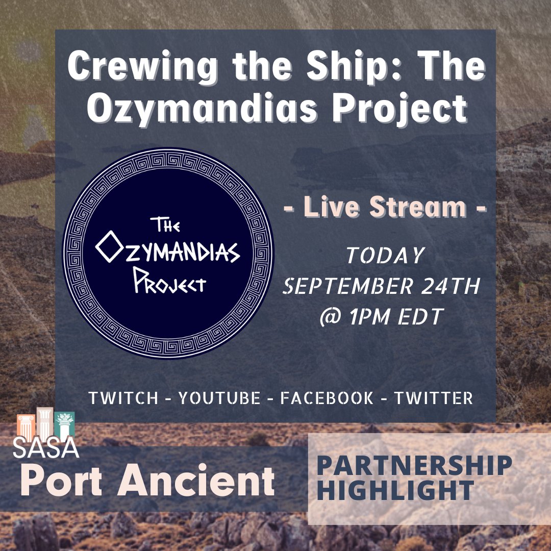AncientSave's tweet photo. 🛳 Join us TODAY @ 1pm EDT for #PortAncient Live ft Lexie Henning, Founder of @TheOzymandiasP1! Hosted by Julie Levy.

➡️ Watch LIVE! https://t.co/x666yHeFN3

#TheOzymandiasProject #SaveAncientStudiesAlliance #AncientHistory  #AncientStudiesOrgs #Classics #Archaeogaming https://t.co/9nQ09DSMUX