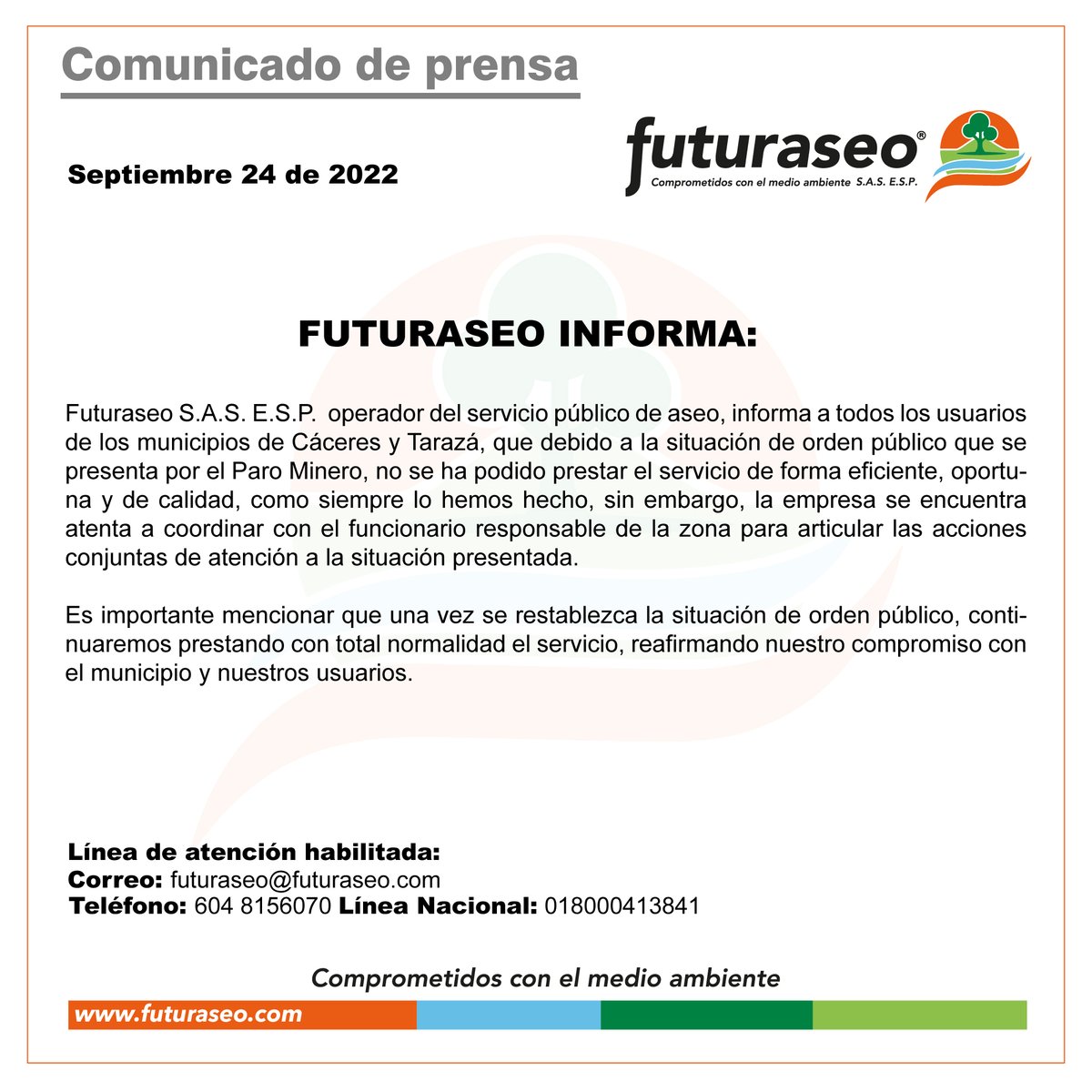 Futuraseo S.A.S E.S.P comunicado oficial 👆

#comunicado #información #comunicaciónoficial #serviciodeaseo