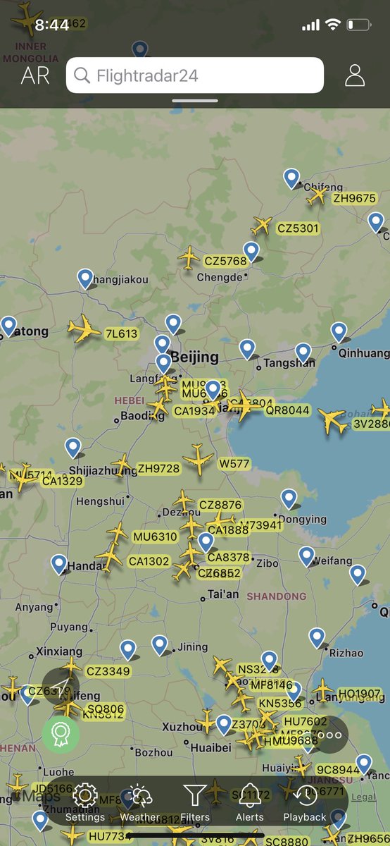Good number of flights in sky near PEK (as of 9 am Central, US time; 10 pm Beijing time).