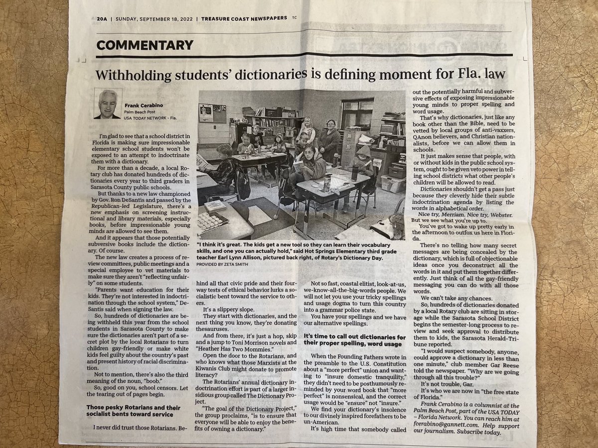 KarlaforFlorida's tweet photo. Good morning from Sarasota where wannabe dictator DeSantis is now banning dictionaries in schools. 

He should look up the word “indoctrination.” https://t.co/AAq8WAikgB