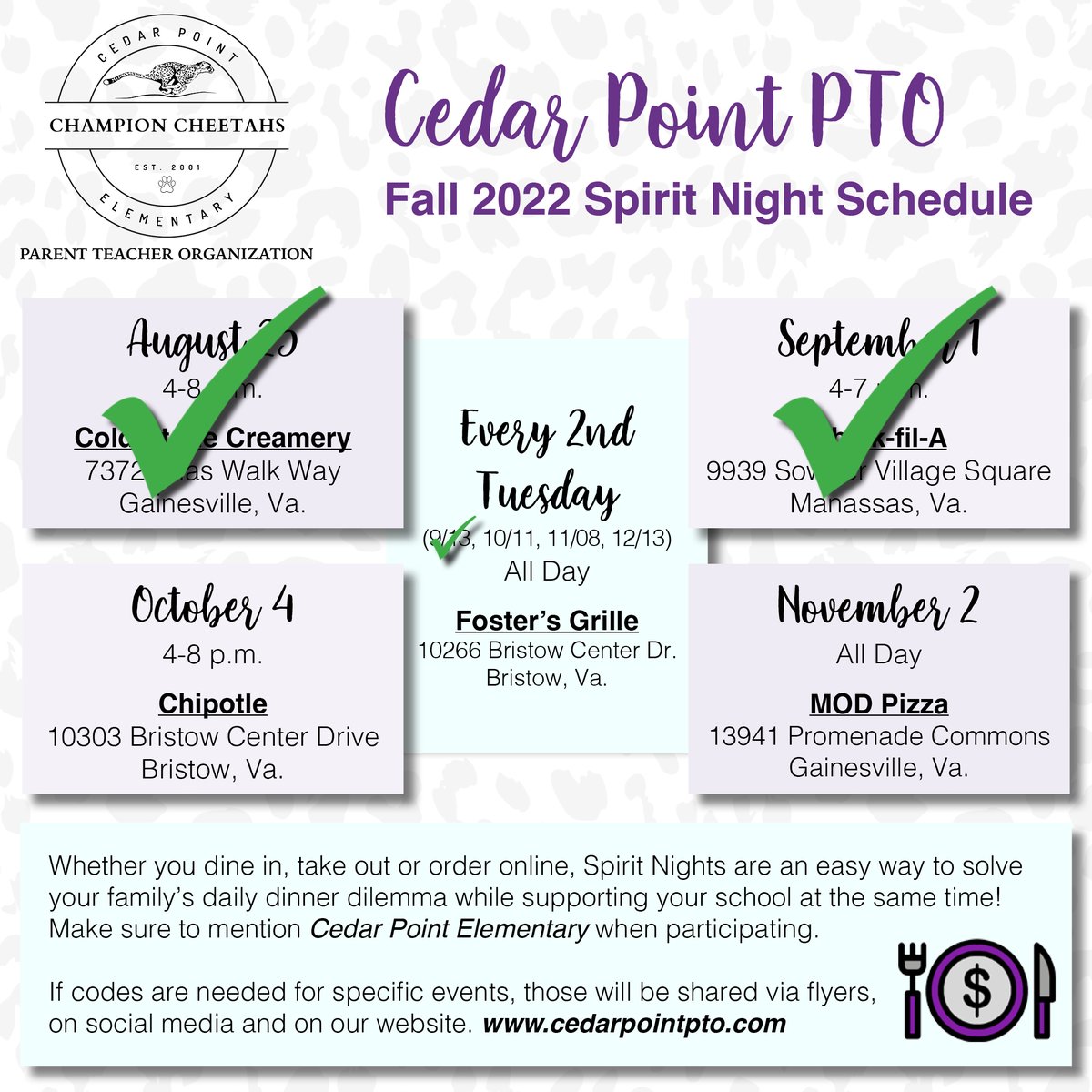 cedarpointpto's tweet photo. WOW! So far this school year, we've raised more than $1,000 through spirit nights! Thank you to everyone who has shown up and shared our events with family and friends. 💜 We look forward to seeing more of our #CPChampionCheetahs at future spirit night events! https://t.co/CAKd5b9xIV