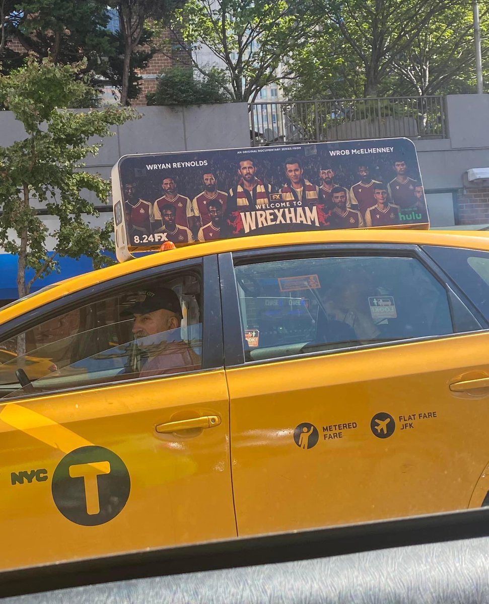 Seems Like #Wrexham Football is becoming a global phenomena. Spotted on a taxi in #NewYork #WrexhamFX <a href="/VancityReynolds/">Ryan Reynolds</a> <a href="/RMcElhenney/">Rob Mac</a>