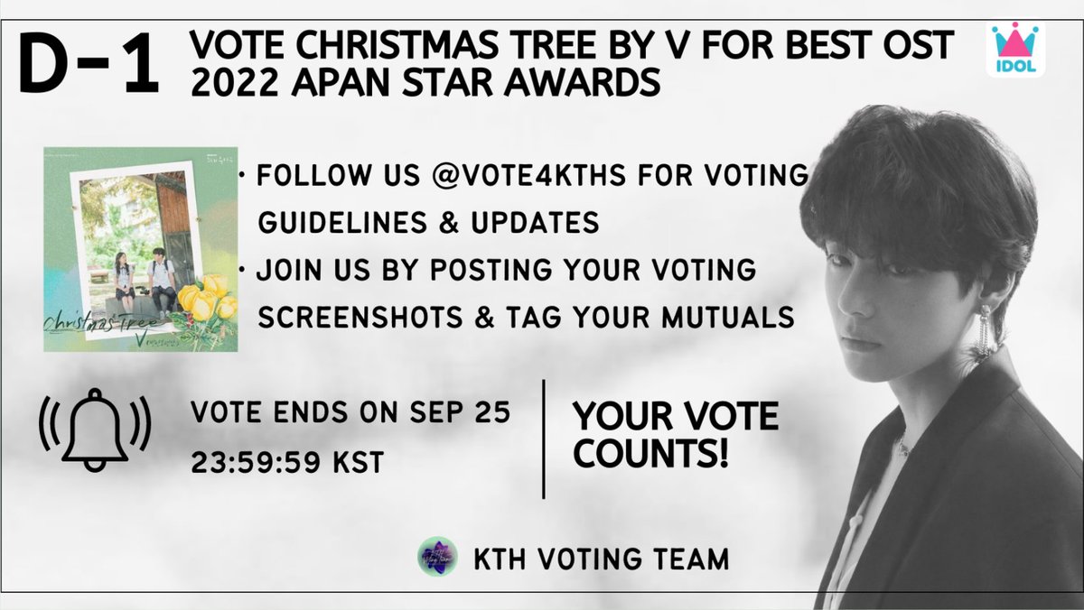 [🏆] 2022 APAN STAR AWARDS: BEST OST (D-1) 1 vote : 15♥️ 30 vt : 450♥️ RESETS FOR D-DAY IN 50 MINS🚨 Please, drop your 450 chamsims for Taehyung's beautiful Christmas Tree. 🗳: bit.ly/3RIXxs8 Guide:bit.ly/3PUvyF9 VOTE CHRISTMAS TREE FOR APAN